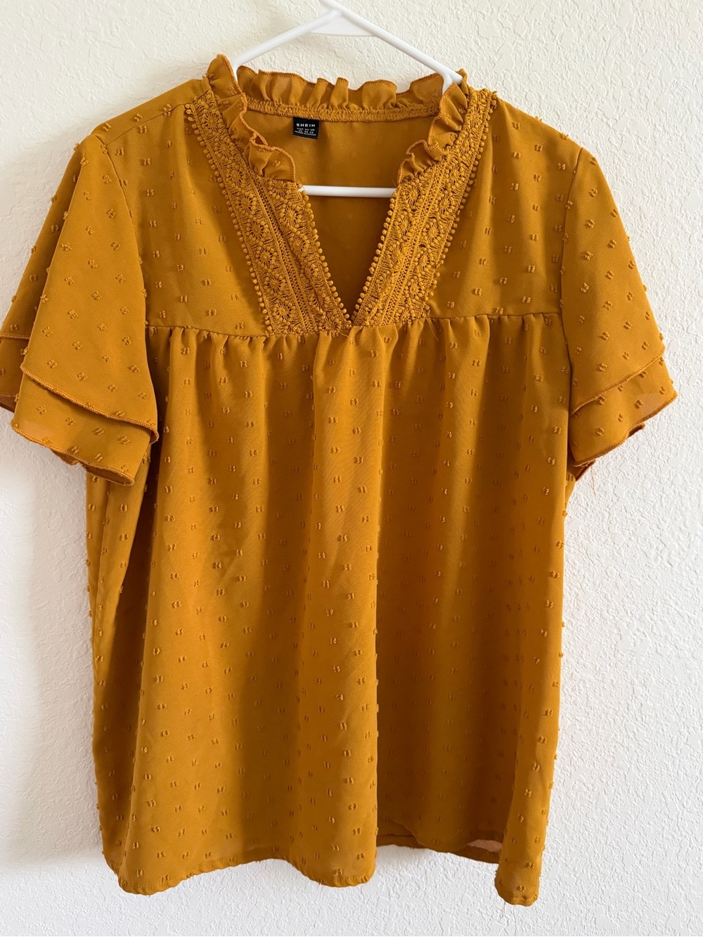 SHEIN Ruffled V-Neck Swiss Dot Blouse
